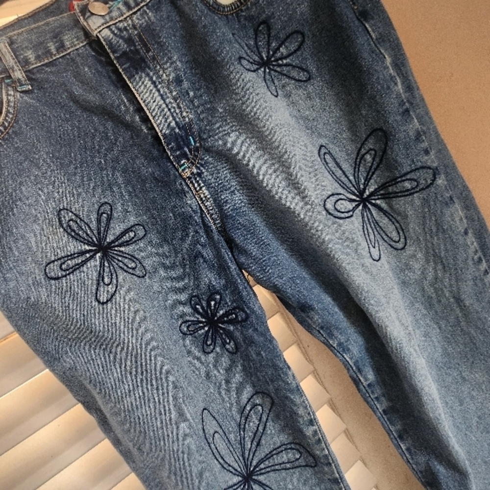 Blue Boot Cut Embroidered Jeans